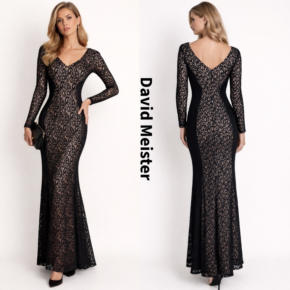 David Meister Black Lace Long Sleeve Maxi Dress Gown Romantic Mermaid Trumpet 4